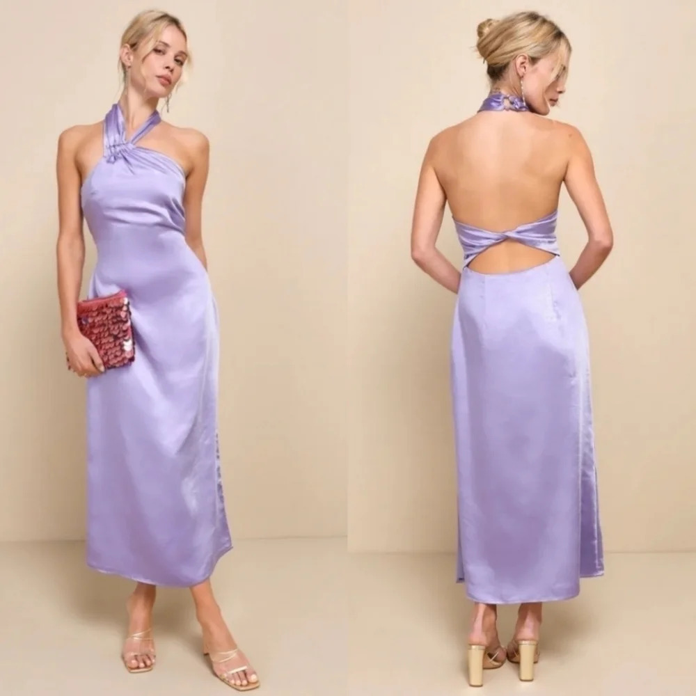 Lulu's Perfectly Sleek Lavender Satin Halter Slip Midi Dress L Wedding Party